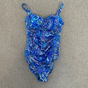 Robby Len Blue Ruched Swimsuit Size 2 Nylon Spandex Built in Bra‎ Paisley Print